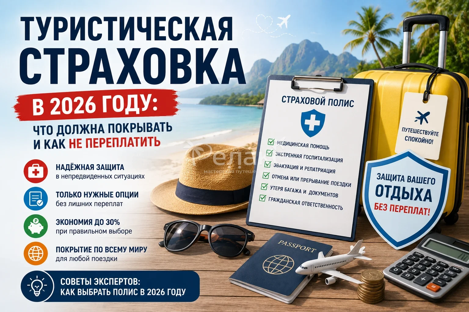 Туристическая страховка в 2026 году: что должна покрывать и как не переплатить  сделай мне обложку к данной статье