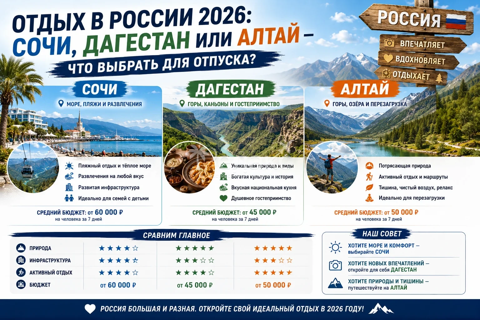 Отдых в России 2026: Сочи, Дагестан или Алтай — что выбрать для отпуска?